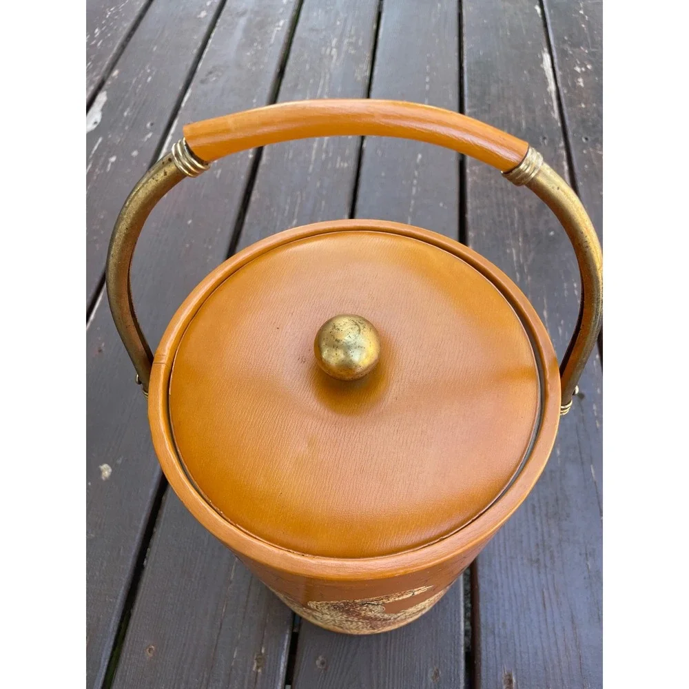 Vintage Cheetah Wildlife Ice Bucket Mid Century Modern Orange‎ Vinyl Barware